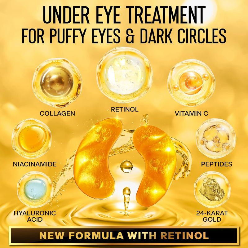 Photo 1 of 24k Gold Eye Collagen Patches - Puffy Eyes & Dark Circles Treatments, Reduce Under Eye Bags and Smooth Wrinkles, Eye Skin Care Pads With Collagen
