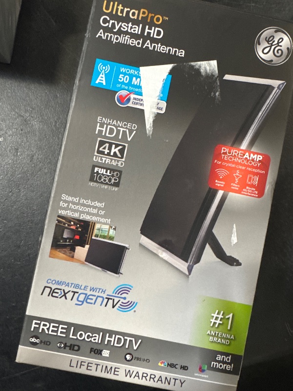 Photo 1 of GE Crystal Antenna, Amplified, High Definition, Long Range Smart TV Antenna, Supports 4K 1080P HDVHF UHF, J Mount Included for Attic or Outdoor, Weather Resistant 48732-RF1
