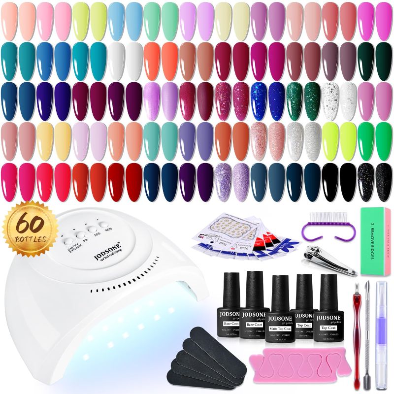 Photo 1 of JODSONE Gel Nail Polish Kit 60 PCS with U V Light Soak off Base Top Coat 55 Shine Colors Gel Nail Kit Bright and Dark Brown Wine Red Series Manicure Set for Women and Girls
