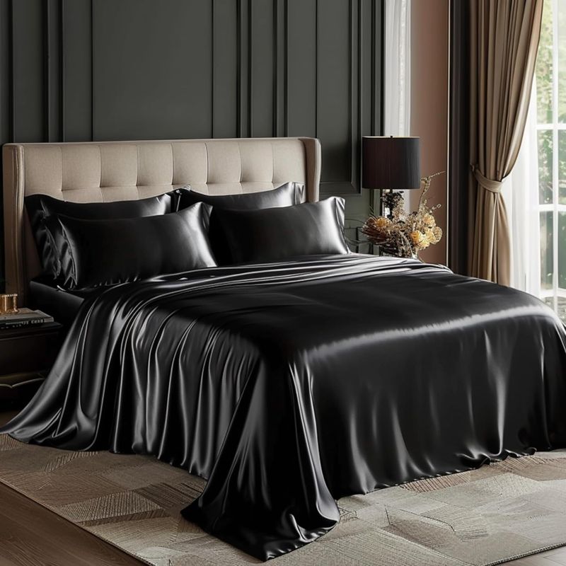 Photo 1 of Love's cabin Satin Queen Sheets Set - 4 Piece Black Silky Bed Sheets Set with Deep Pocket, Luxury Silk Feel Satin Queen Size Sheet Set (1 Flat Sheet,1 Fitted Sheet,2 Pillow Cases)
