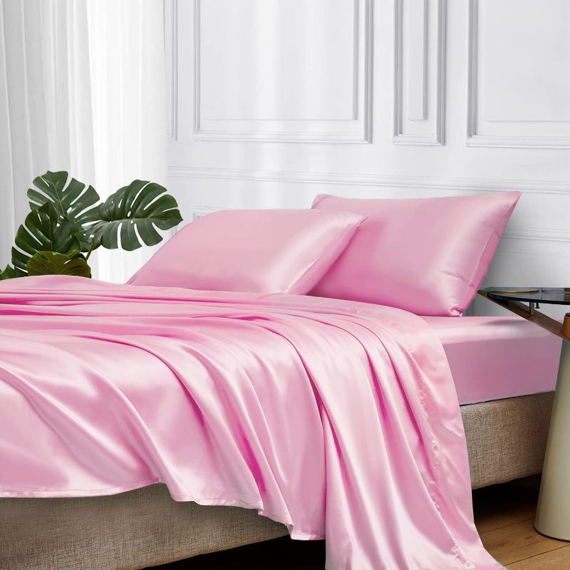 Photo 1 of king Satin Bed Sheets, King Size Sheets Set, 4 Pcs Silky Bedding Set (King, Pink)