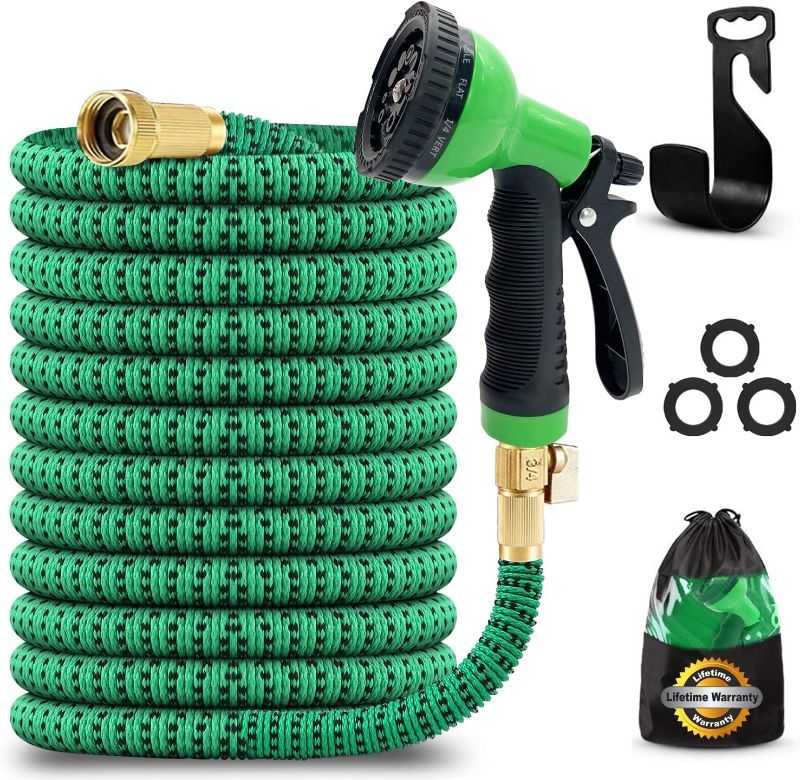 Photo 1 of J&B XpandaHose 100ft Expandable Garden Hose with Holder - Heavy Duty Superior Strength 3750D - 4 -Layer Latex Core - Extra Strong Brass Connectors and 10 Spray Nozzle w/Storage Bag (Green 100)