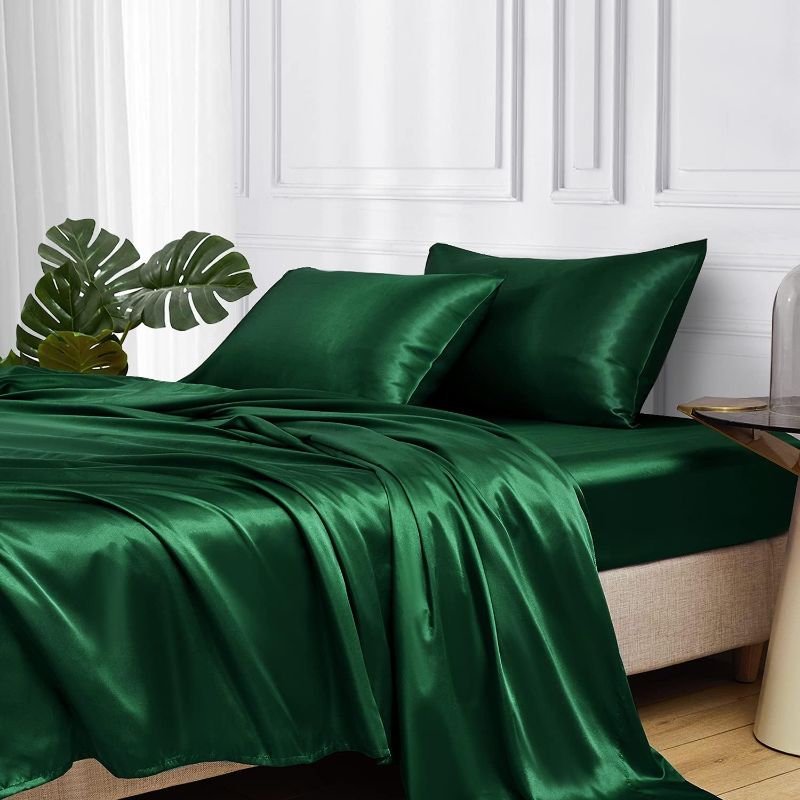 Photo 1 of queen Satin Bed Sheets, Queen Size Sheets Set, 4 Pcs Silky Bedding Set (Queen, Dark Green)
