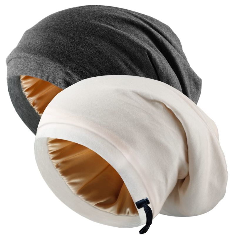 Photo 1 of Silk Satin Bonnet Hair Wrap for Sleeping, 2 Pcs Adjustable Bonnets for Women Men Sleep Silk Lined Slouchy with Adjustable Strap Curly Head Scarf Night Caps
