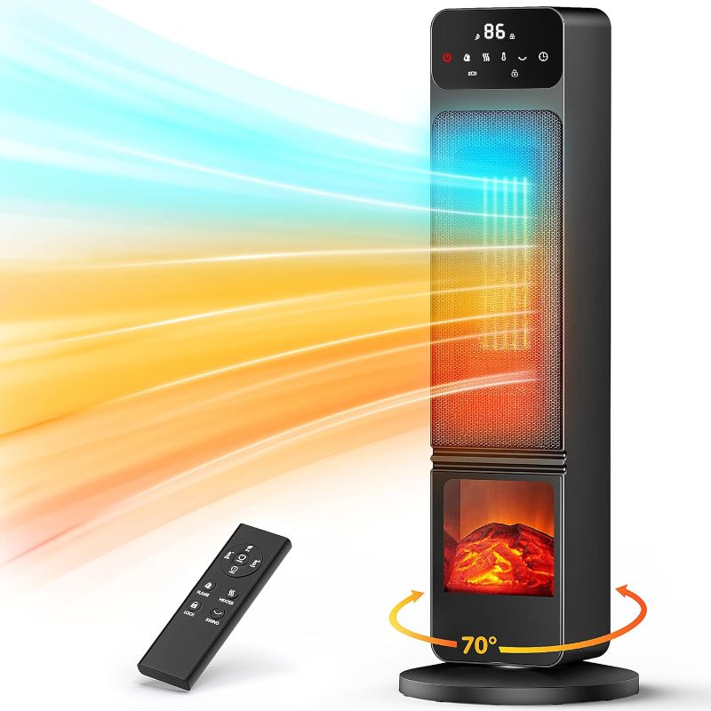 Photo 1 of Space Heater, 1500W Electric Fireplace Heaters Indoor Portable with Child Lock & ECO Mode, PTC Ceramic, 3D Flame, 12H Timer, Remote Control, 70° Oscillation, Heating & Fan Modes for Home & Office
