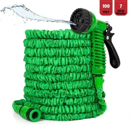 Photo 1 of Joqmia 100ft Expandable Flexible Garden Water Hose, 7 Spray Nozzle, Nylon, Outdoor (Green)