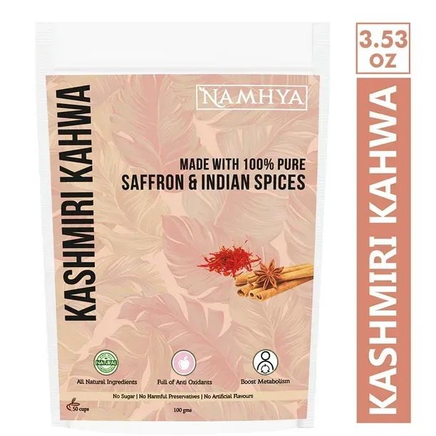 Photo 1 of NAMHYA Kashmiri Kahwa with Pure Saffron, Cardamom, Cinnamon and Rose Petals 3.53 oz (100 Grams)