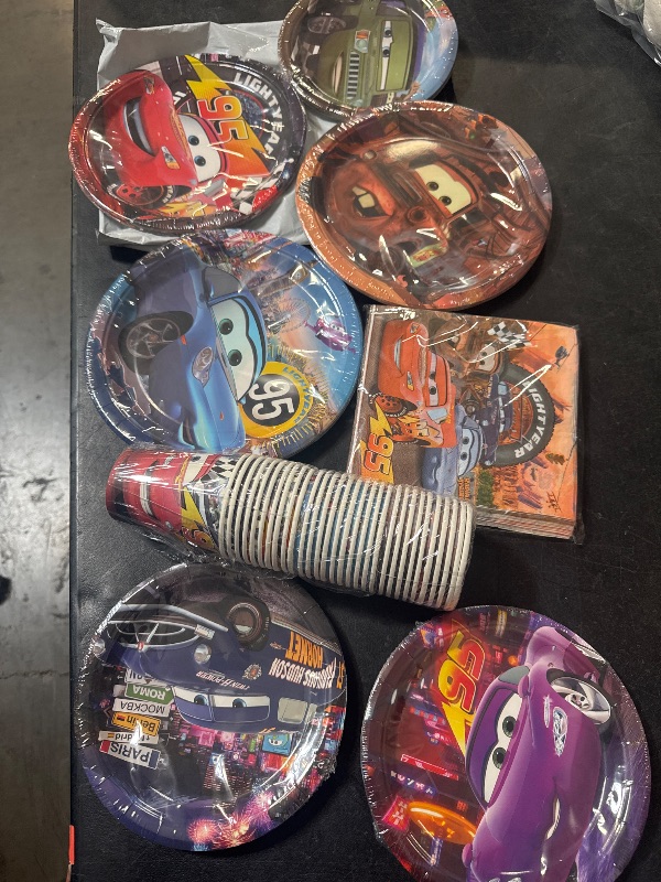Photo 1 of Cars Birthday Party Supplies 120pcs Disposable Cars Paper Plates and Napkins for Party Decorations Cups Tablecloth for Boys Girl Birthday Decor, Serve 30

