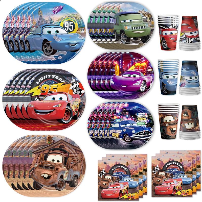 Photo 1 of Cars Birthday Party Supplies 120pcs Disposable Cars Paper Plates and Napkins for Party Decorations Cups Tablecloth for Boys Girl Birthday Decor, Serve 30
