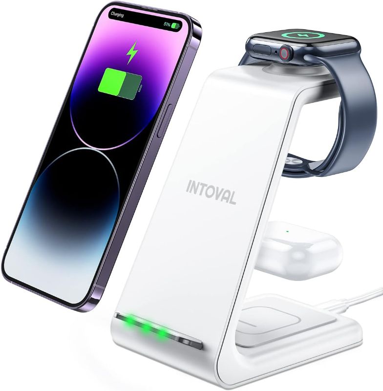 Photo 1 of Intoval Wireless Charging Station, 3 in 1 Charger for Apple iPhone/iWatch/Airpods,iPhone16 15 14,13 (Pro,Pro Max)/XS/XR/XS,iWatch10 9/8/Ultra2-1/7/6/SE/5/4,Airpods Pro2/Pro1/3 (A3,White)
