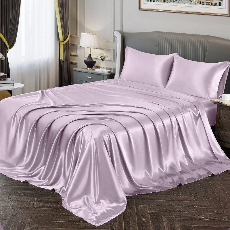 Photo 1 of size full Satin Sheets Full Size Silky Soft Satin Bed Sheets Luxury Lavender Sheet Set, 4 piece set