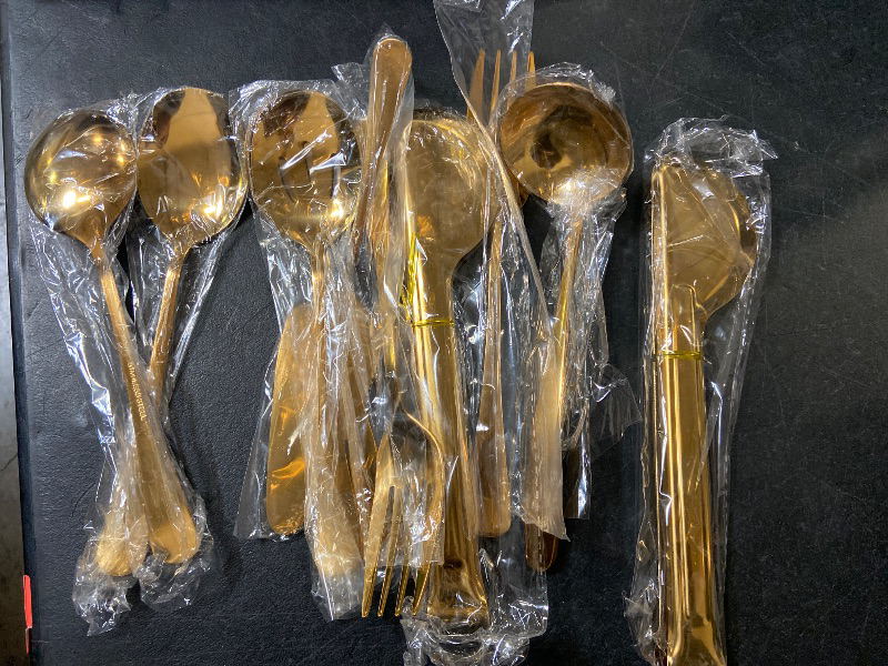 Photo 1 of Serving Utensils Set Gold 10-Piece - Stainless Steel Stunning Mirror-Finish, Lightweight, Dishwasher Safe - Includes Slotted Spoons, Forks, Tongs, Ladle, and Pie Server for buffet & parties
