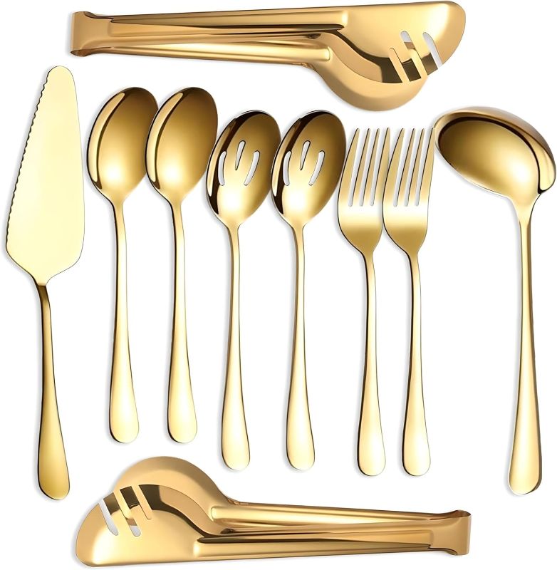 Photo 1 of Serving Utensils Set Gold 10-Piece - Stainless Steel Stunning Mirror-Finish, Lightweight, Dishwasher Safe - Includes Slotted Spoons, Forks, Tongs, Ladle, and Pie Server for buffet & parties
