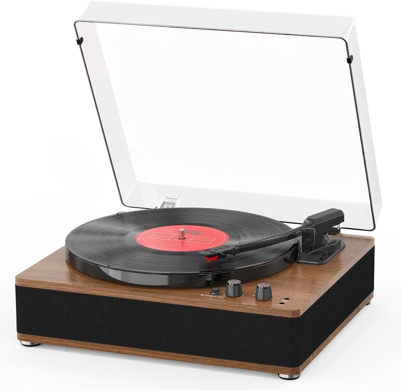 Photo 1 of Vintage Record Player, Vinyl Records Player with Bluetooth Input/Output, Built-in Stereo Speakers, Full-Size Platter, 3-Speed Turntable, RCA/AUX/Headphone Out, Auto Off, Walnut Case
