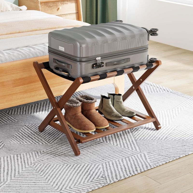 Photo 1 of Smuxee Fully Assembled Walnut Luggage Rack, Upgraded Bamboo Foldable Suitcase Stand with 5 Nylon Straps, Luggage Holder with Shelf for Guest Room Bedroom Hotel
