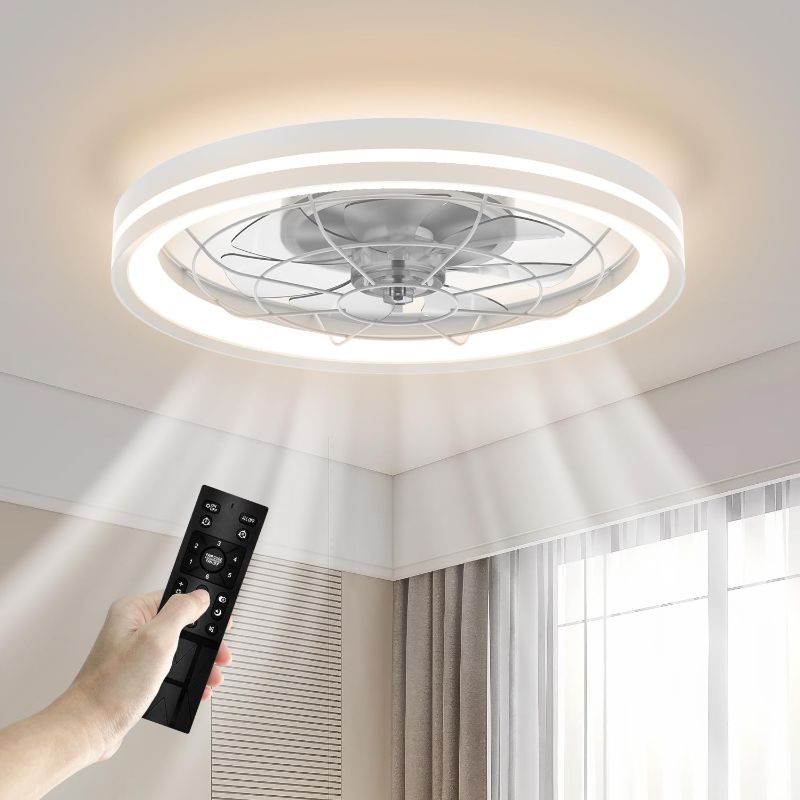 Photo 1 of Low Profile Ceiling Fan with Light and Remote Bladeless Bedroom Fan Light, 20 in Small Flush Mount Dimmable Modern Enclosed Ceiling Fans for Small Room - White
