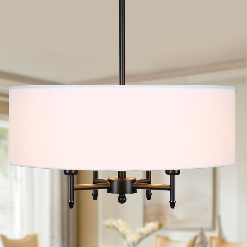 Photo 1 of 4-Light Modern Drum Chandelier with White Linen Drum Shade 18" Contemporary Pendant Light Fixtures for Dining Room Living Room Foyer Bedroom Kitchen, Black Finish
