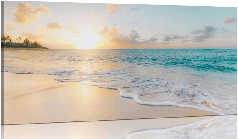 Photo 1 of DONGYOUJI Ocean Wall Art Pictures for Living Room Beach Canvas Wall Art Decor for Bedroom Gold Sunset Canvas Painting for Wall Beach Theme Art Print for Home Office Decoration (24" x 48")
