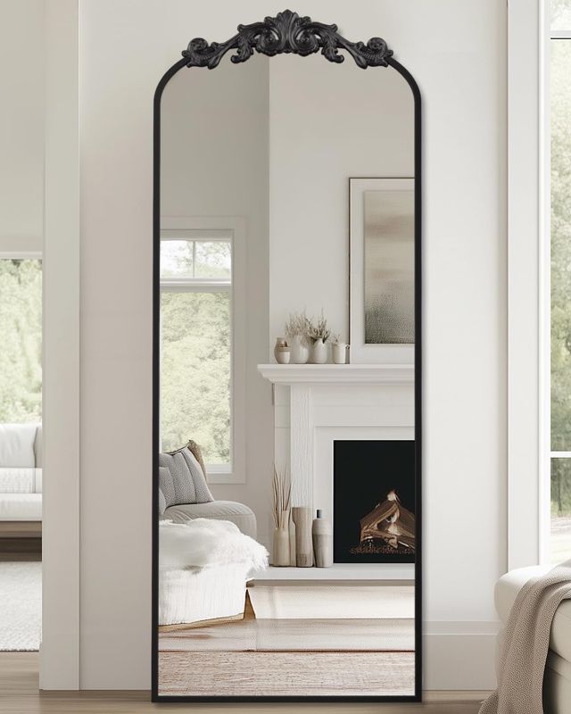 Photo 1 of Arched Full Length Mirror, 58"x18" Floor Mirror Freestanding with Carved Metal Frame & Bottom Art Carved, Full Body Mirror for HomeDecor, Standing/Halling Large Wall Mirror for Bedroom, Black
