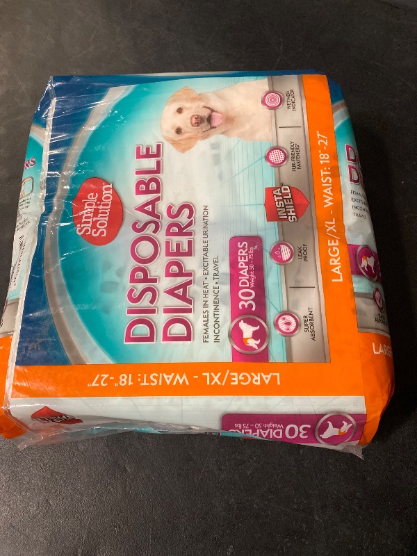 Photo 1 of Simple Solution Disposable Dog Diapers, Female Dog Diapers, Puppy Potty Training, Incontinence and Heat Cycle Protection, Large Diapers for Dogs, 18-27 Inch Waist, 30 Count