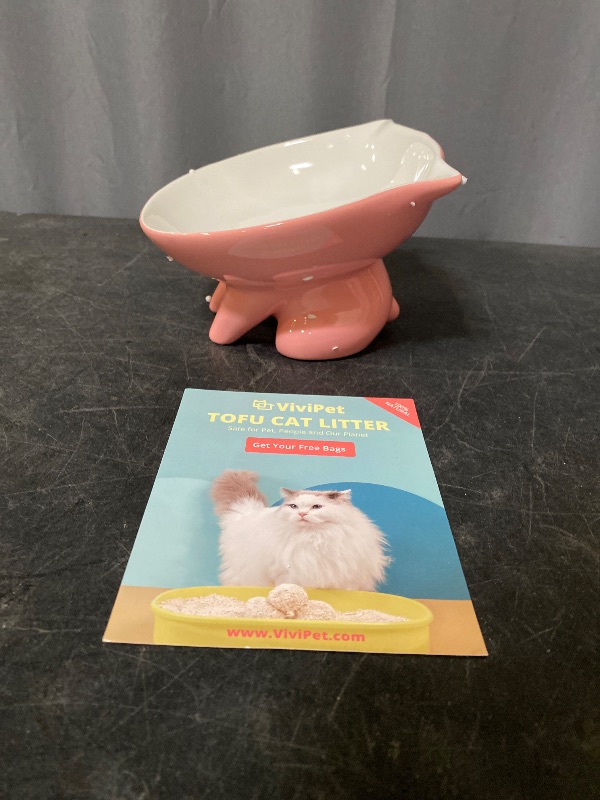 Photo 1 of Raised Ceramic Cat Food Q Bowl Dish, Tilt Angle Protect Cat's Spine, Stress for Cat - Pink