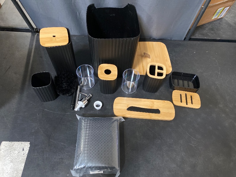 Photo 1 of Black Bathroom Accessories, 10Pcs Black Bathroom Set, Bathroom Accessories Set Complete with Toothbrush Holder, Trash Can, Toilet Brush, Bathroom Soap Dispenser Set for Countertop, Sink