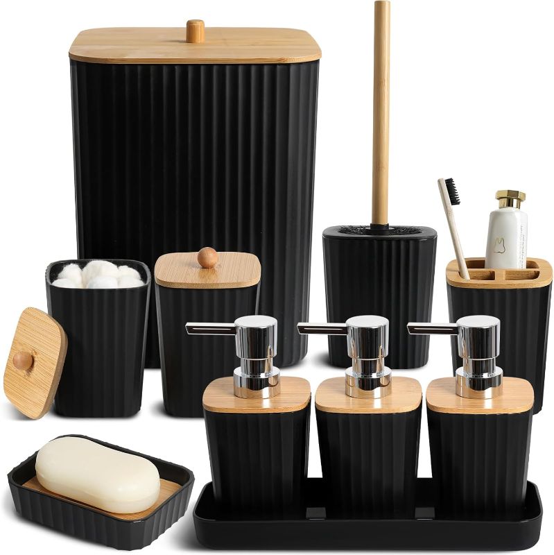 Photo 1 of Black Bathroom Accessories, 10Pcs Black Bathroom Set, Bathroom Accessories Set Complete with Toothbrush Holder, Trash Can, Toilet Brush, Bathroom Soap Dispenser Set for Countertop, Sink