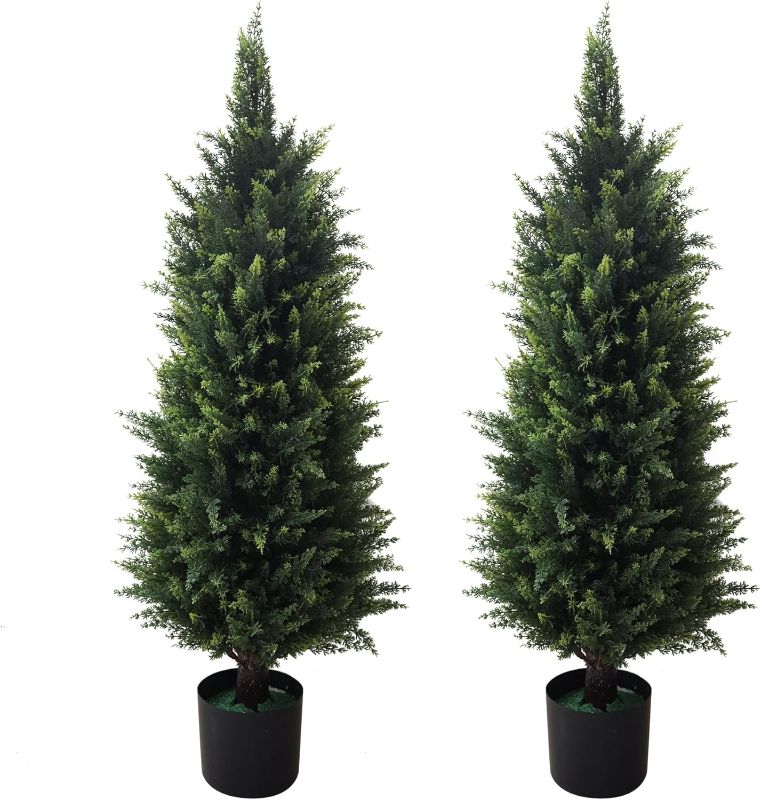 Photo 1 of 2 Pack 37 Inch Artificial Cedar Topiary Trees for Outdoor Front Porch Décor - UV Rated Fake Plants for Indoor and Outdoor Use, Potted Shrubs for Front Door, Office