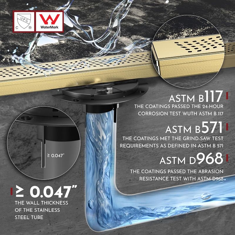 Photo 1 of 36 Inch Linear Shower Drain Rectangular Floor Drain with Accessories Wave-Hole Pattern Cover Grate Removable SUS304 Stainless Steel CUPC Certified Brushed Gold