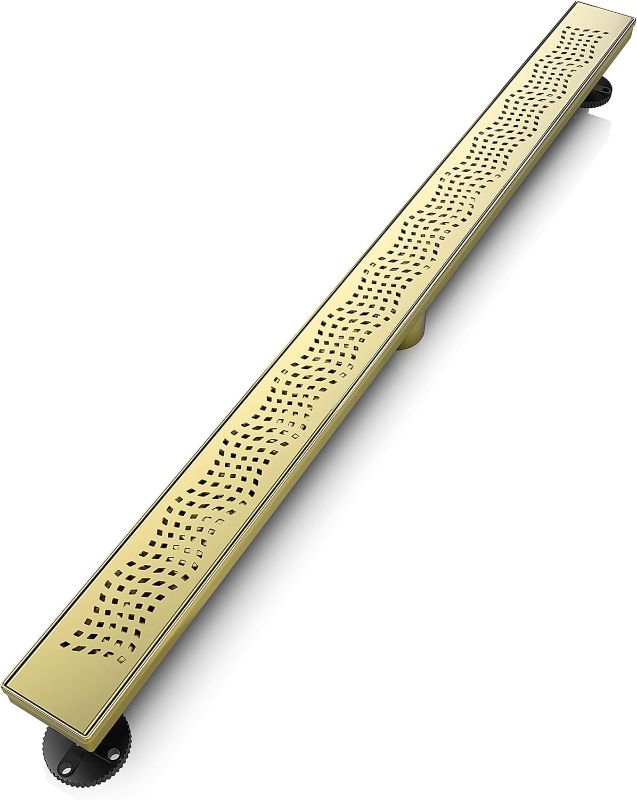 Photo 1 of 36 Inch Linear Shower Drain Rectangular Floor Drain with Accessories Wave-Hole Pattern Cover Grate Removable SUS304 Stainless Steel CUPC Certified Brushed Gold