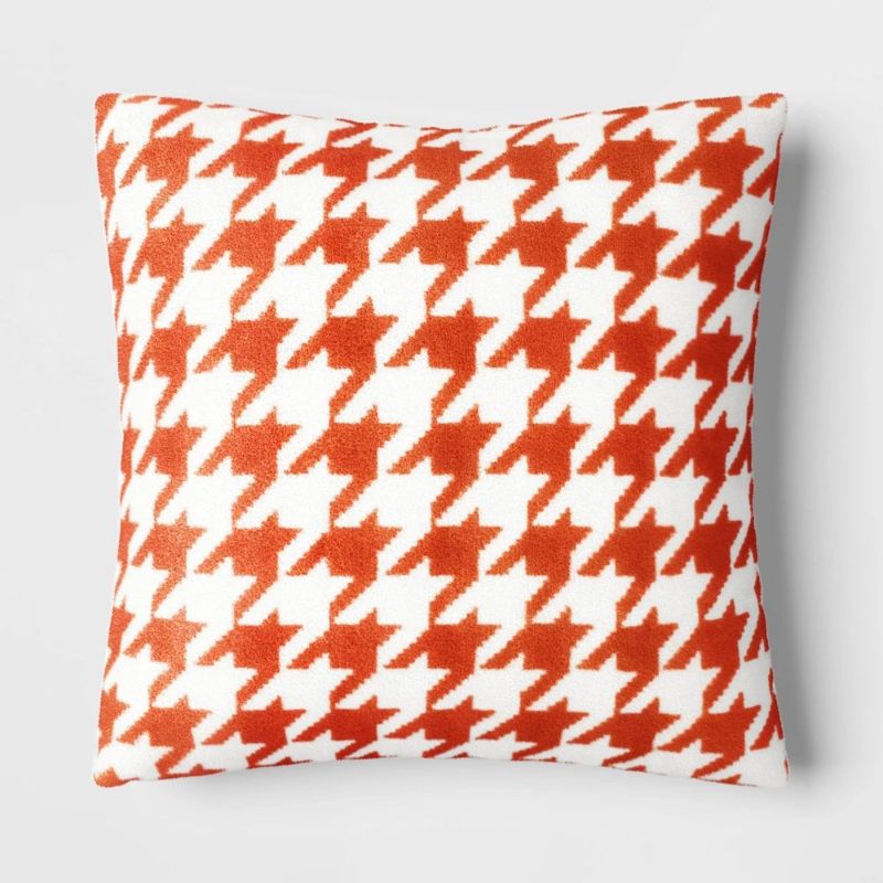 Photo 1 of Printed Plush Houndstooth Pillow Square Throw Pillow with Faux Shearling Reverse-Orange - Threshold