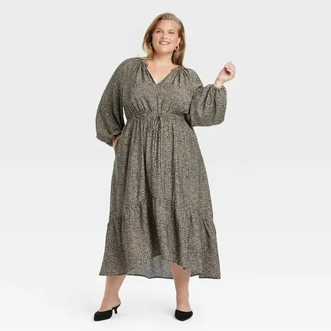 Photo 1 of S Women's Balloon Long Sleeve Tiered Midi Dress Brown Leopard Print