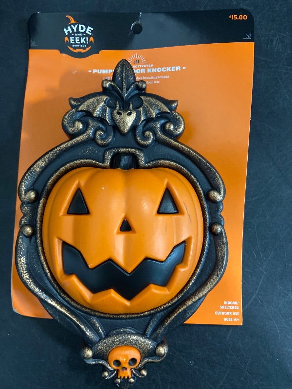 Photo 1 of 10" Animated Pumpkin Door Knocker Halloween Decorative Prop - Hyde and EEK! Boutique™: Light-Up, Sheltered Outdoor Use, Includes Batteries