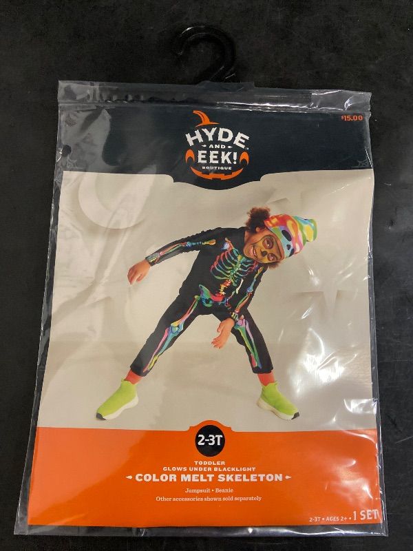 Photo 1 of 2-3T Toddler Blacklight Responsive Color Melt Skeleton Halloween Costume Jumpsuit with Beanie
