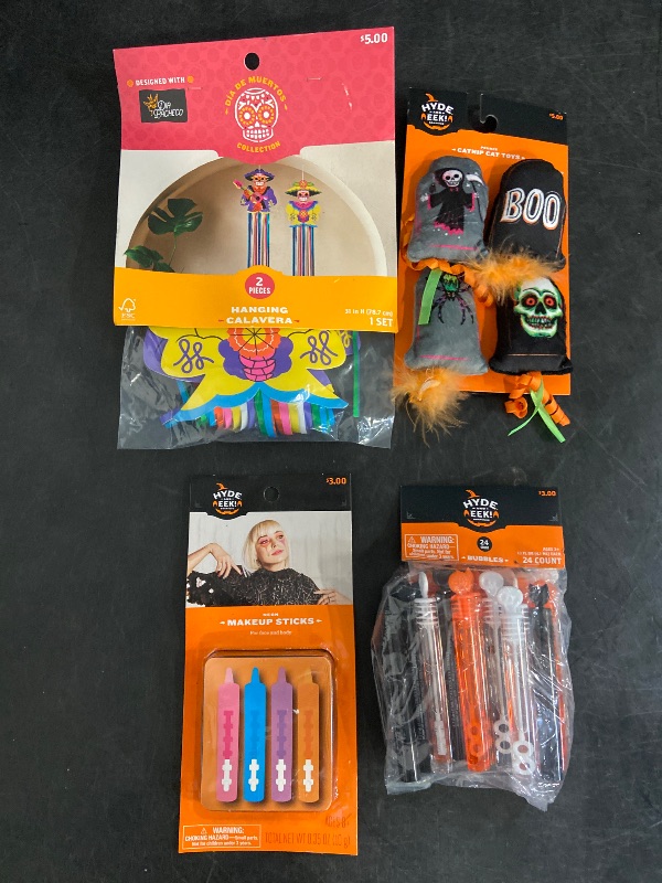 Photo 1 of 4 Item Seasonal & Party Supplies, Pet Supplies, Home Decor Bundle | 4 Pet Toys, 24 Bubbles, 2 Hanging Calavera, 6 Makeup Sticks