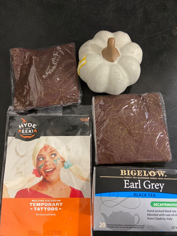 Photo 1 of 5 Item Seasonal & Party Supplies Bundle | 20 Tea Bags, 40 Napkins, 1 Pumpkin Decor, 11 Count Tattoos