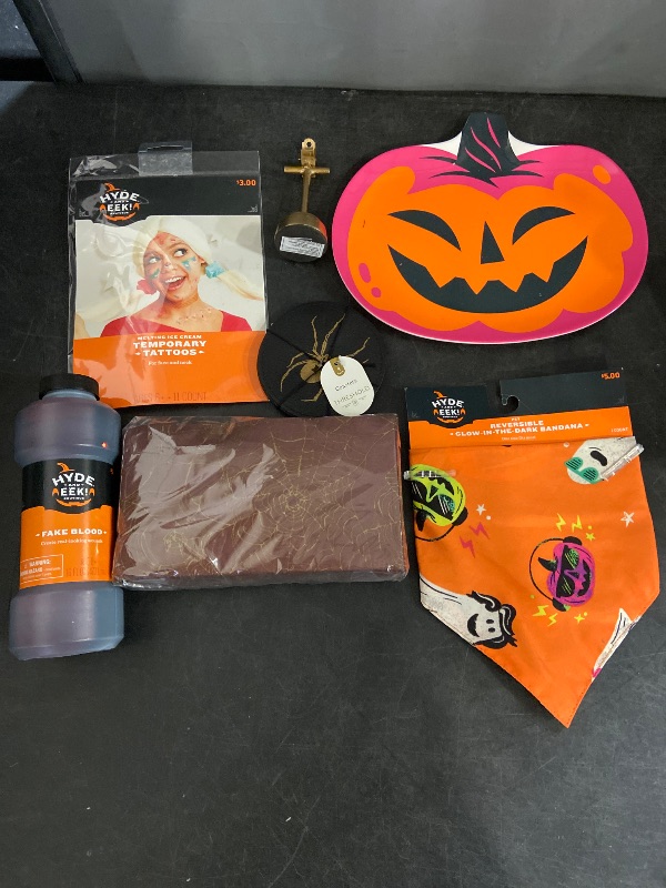 Photo 1 of 7 Item Seasonal & Party Supplies, Kitchen & Dining, Pet Supplies| 4 Cup Coasters, 16 OZ Fake Blood, 1 Plate, 1 Pet Clothes, 20 Napkins, 11 Tattoos,  1 Card Clip