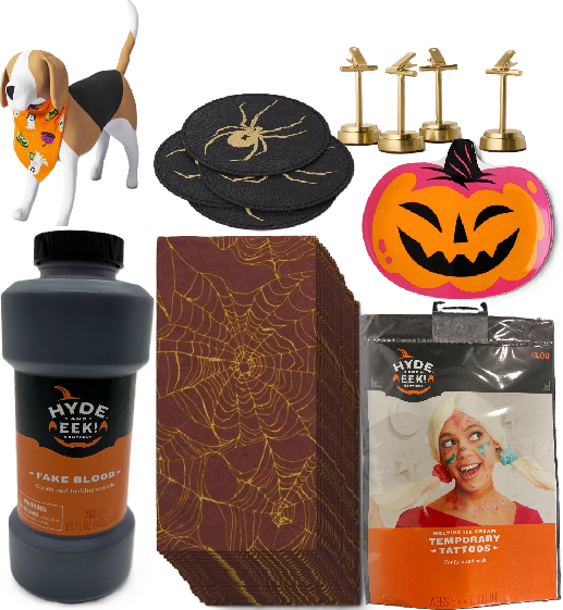 Photo 1 of 7 Item Seasonal & Party Supplies, Kitchen & Dining, Pet Supplies| 4 Cup Coasters, 16 OZ Fake Blood, 1 Plate, 1 Pet Clothes, 20 Napkins, 11 Tattoos,  1 Card Clip