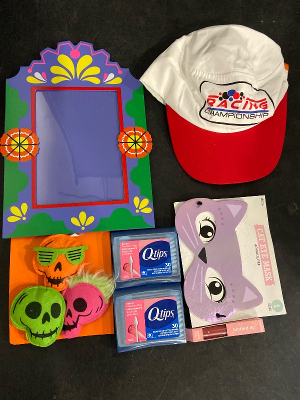 Photo 1 of 7 Item Seasonal & Party Supplies, Beauty Accessories, Home Decor | 60 CT. Q-Tips, 1 Hat, 1 Mask, 1 Lipstick, 3 Cat Toys, 1 Frame