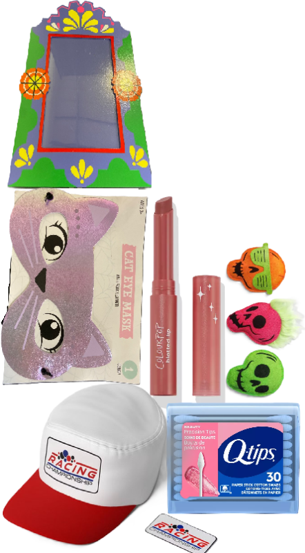 Photo 1 of 7 Item Seasonal & Party Supplies, Beauty Accessories, Home Decor | 60 CT. Q-Tips, 1 Hat, 1 Mask, 1 Lipstick, 3 Cat Toys, 1 Frame