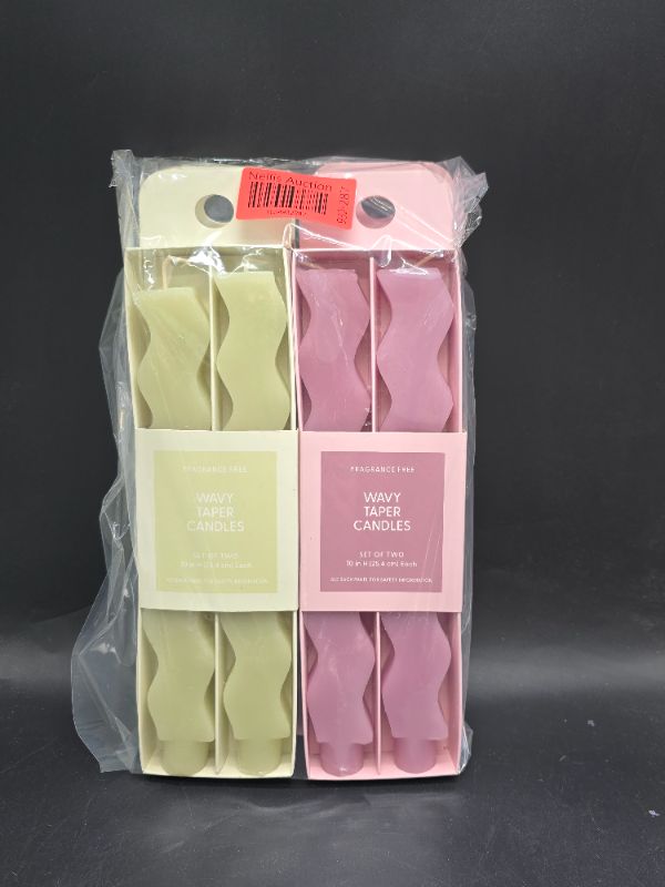 Photo 1 of 4pc Wavy Shaped Taper Candles Green & Pink 