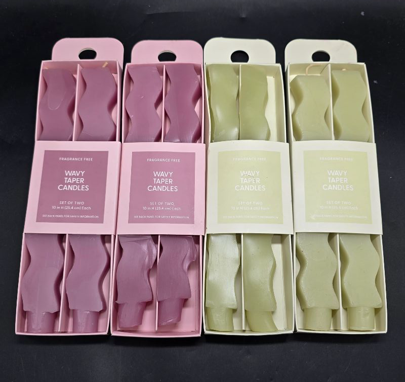Photo 1 of 4pc Wavy Shaped Taper Candles Green & Pink 