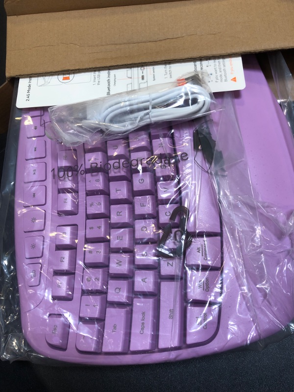 Photo 3 of MEETION Wave Ergonomic Keyboard and Mouse Wireless, USB/Bluetooth Wave Ergo Keyboard with Wrist Rest, 4 DPI Adjustable Swing Wheel Silent Wireless Mouse Rechargeable for Windows/Mac/Android, Purple