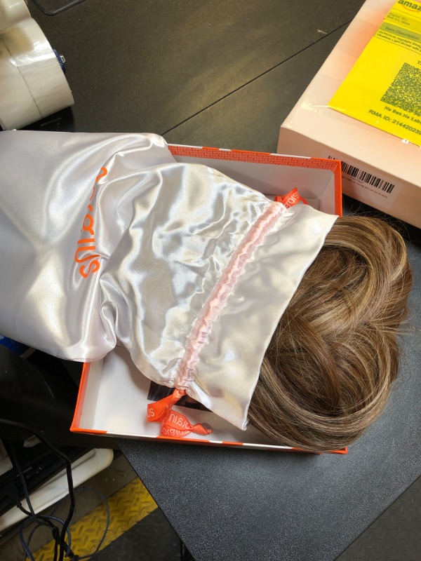 Photo 1 of GORGIUS Highlight Straight Layered Wigs with Bangs Glueless Light Brown with Blond Highlights 22 Inch Wigs Crafted with Style-Archive Technology: Fiber & Remy Human Hair Blend with Natural Hairline