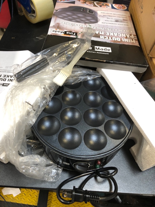 Photo 1 of FineMade Non Stick Mini Pancakes Maker Machine, Electric Poffertjes Pan with Browning Control, Mini Ebelskiver Aebleskiver Pan, Dutch Mini Pancake Maker, with Brush & Forks, 14 Slots, Black