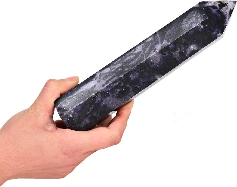 Photo 1 of AMOYSTONE Healing Crystal Tower Large Hexagonal Purple Wand Pointed 6 Faceted Large Rock Tower Purple Zebra Stone Texture 1.7-2 Lbs Collection, Office Décor