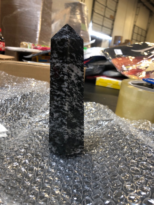 Photo 1 of AMOYSTONE Healing Crystal Tower Large Hexagonal Purple Wand Pointed 6 Faceted Large Rock Tower Zebra Stone Texture 1.7-2 Lbs Collection, Office Décor