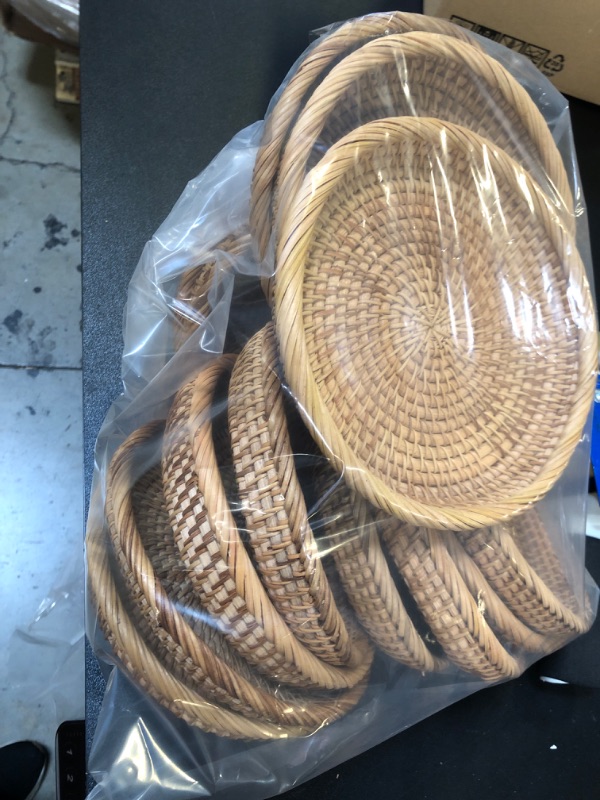 Photo 2 of 13 Round Rattan Fruit Basket Shallow Wicker Food Tray Weaving Storage Holder Dinning Room Bow Bread Baskets Tray for Serving (S)