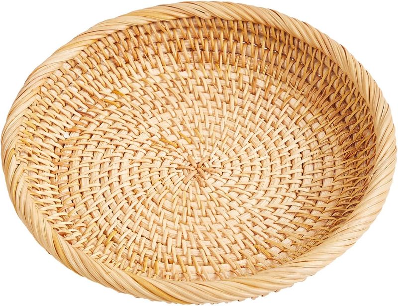 Photo 1 of 13 Round Rattan Fruit Basket Shallow Wicker Food Tray Weaving Storage Holder Dinning Room Bow Bread Baskets Tray for Serving (S)