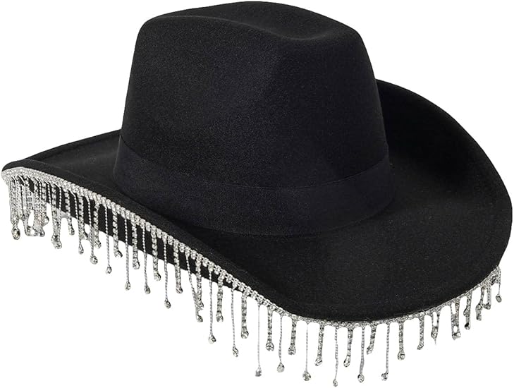 Photo 1 of  Western Cowboy Hat Cowboy Hat with Rhinestone Tassel Decor Halloween Cow Fedora Hat Costume Accessories for Women Men 57cm